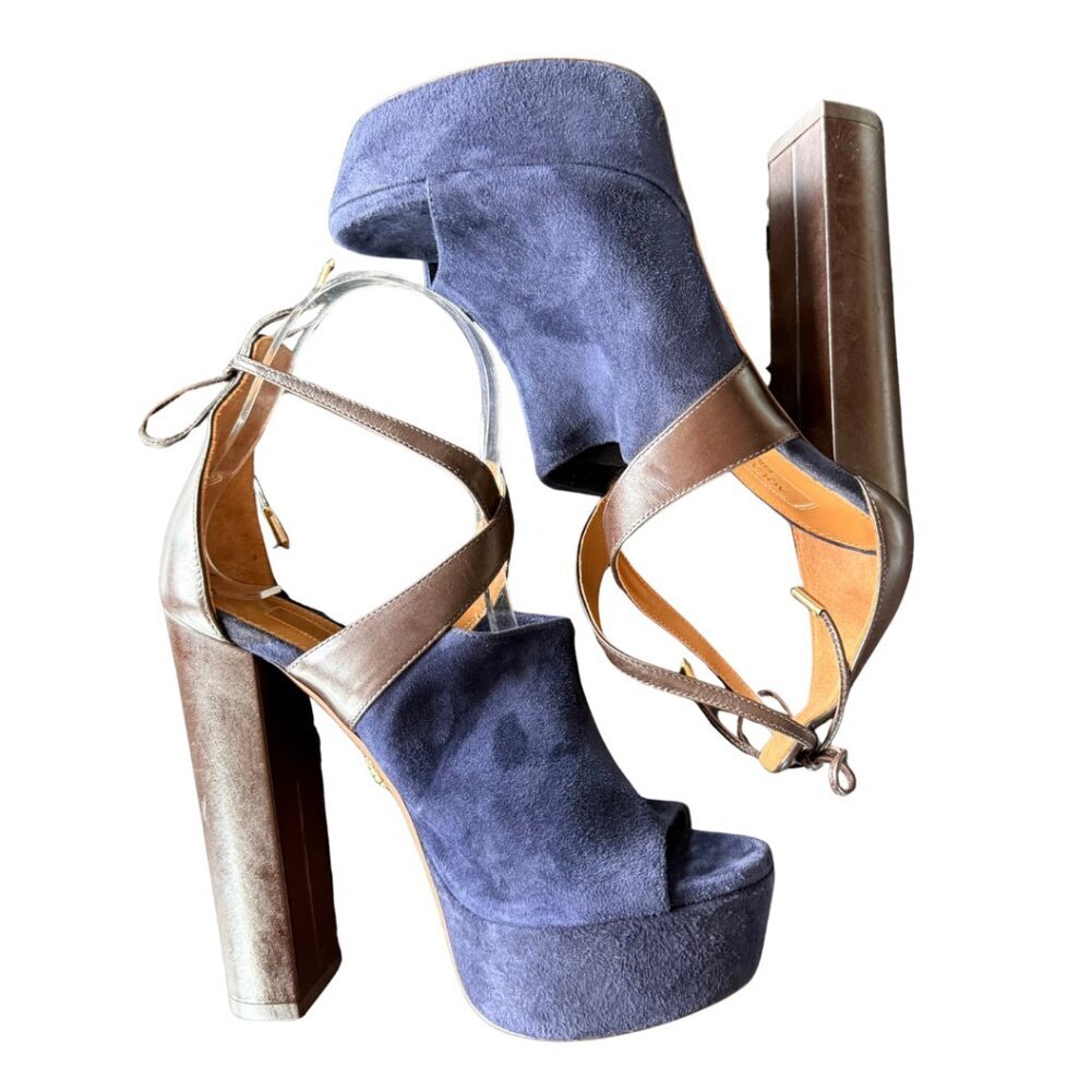 Aquazzura Kaya Plateau 140 In Navy Suede Platform Heel Sandals Womens Size 36